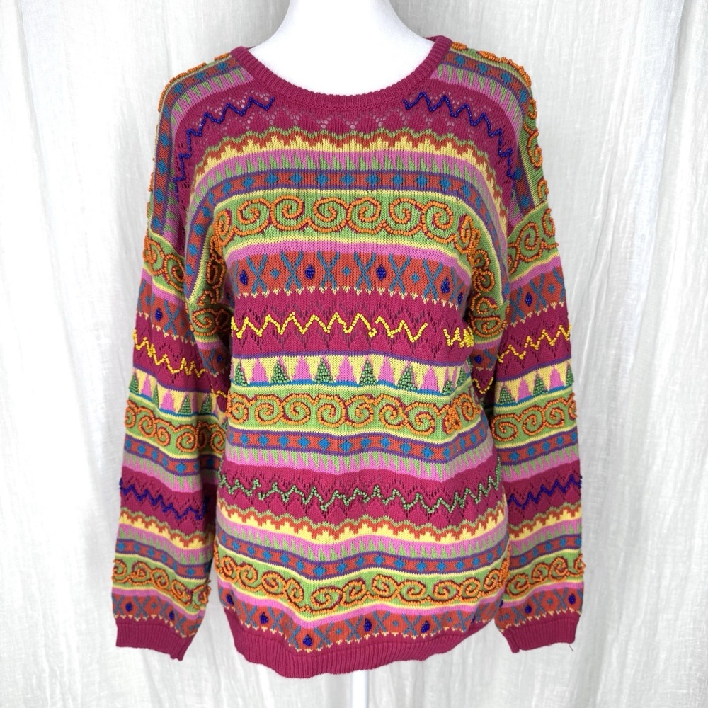 Vintage 90s Rainbow Stripe Knit Sweater M Maximalist Dopamine Retro Kidcore Pink